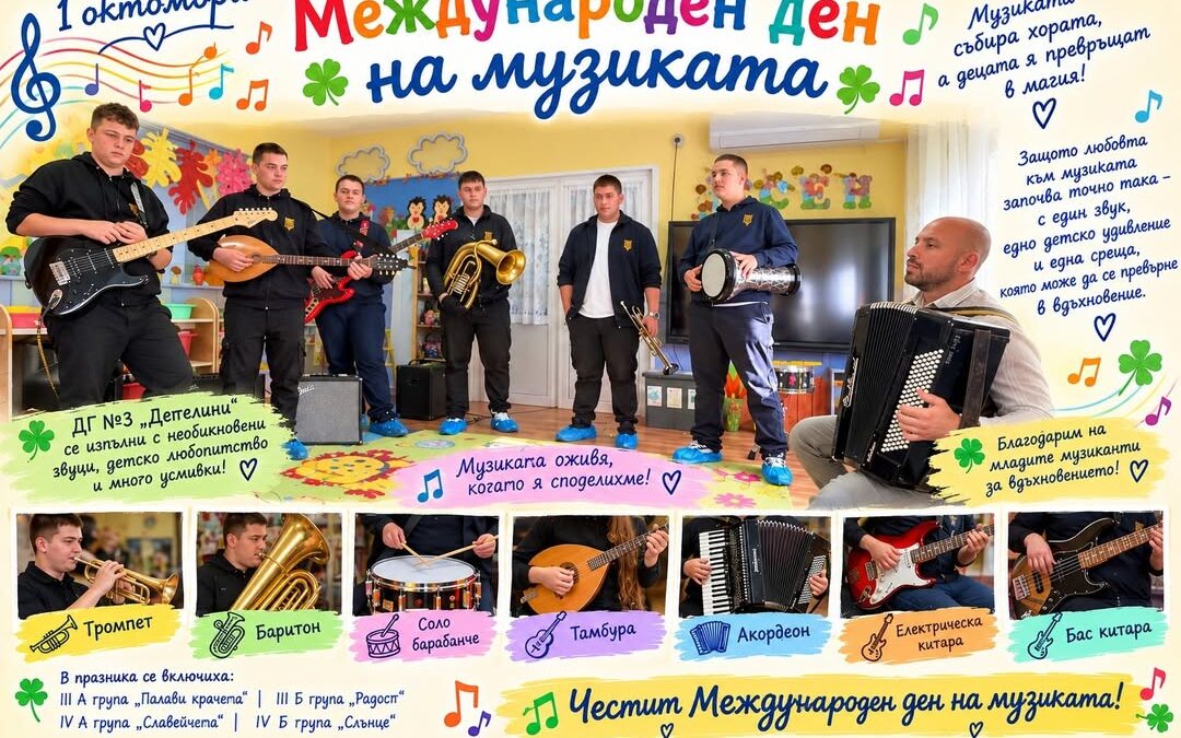 На 1 октомври – Международния ден на музиката, ДГ №3 „Детелини“ се изпълни с необикновени звуци, детско любопитство и много усмивки!

🎼🎵🎶🎵По…
